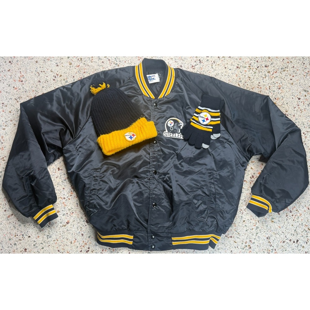 Chalk Line Vtg NFL Pittsburg Steelers LIned Satin Jacket‎ + Hat & Gloves Size L